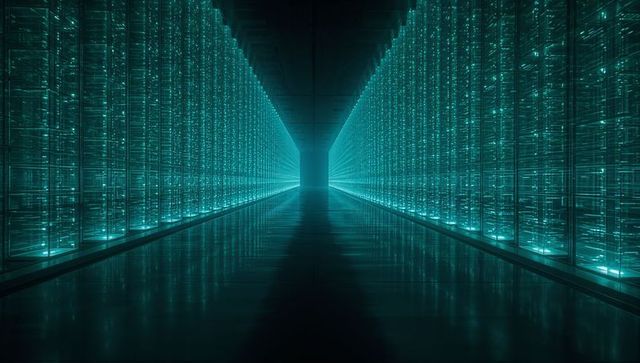 Futuristic data center corridor glowing teal, reflecting tech racks and stretching to vanishing poin