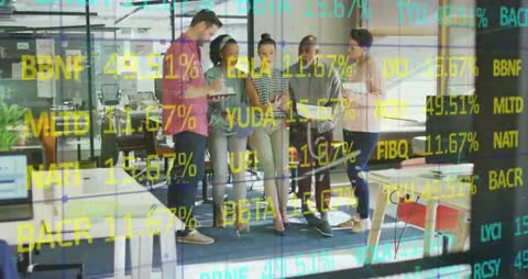 Diverse Team Collaborating with Financial Ticker Overlay in Modern Office