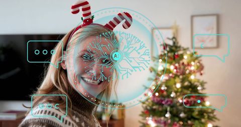 Smiling woman wearing candy-cane headband with ai ar overlay near christmas tree