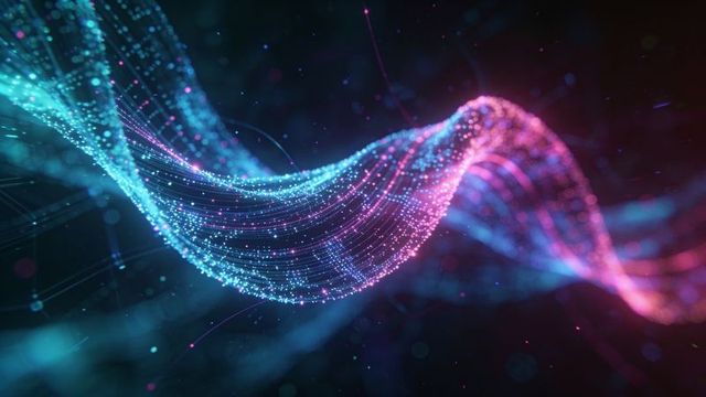 Flowing neon data ribbon, glowing particle wave for ai network visuals and digital flow