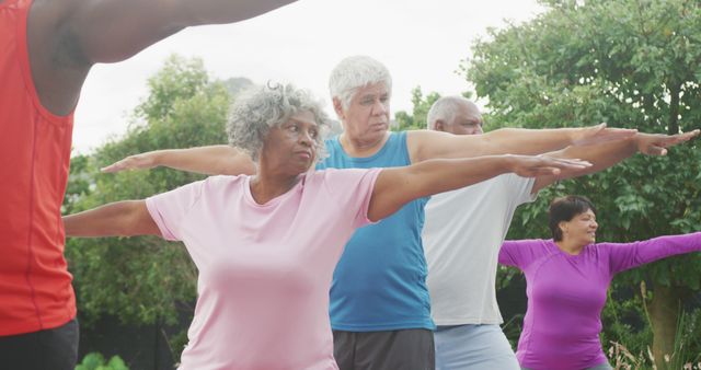 Diverse senior group practicing yoga outdoors, focusing on wellness and healthy lifestyle. Could be used for campaigns promoting senior fitness, outdoor exercise, community health programs, or elderly wellness activities.
