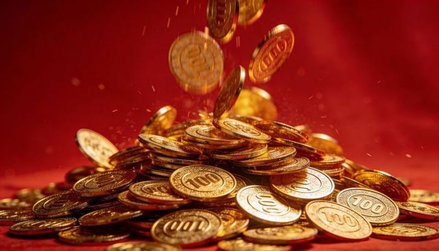 Falling Gold Coins Piling into Shiny 100-Mark Stack Creating Sparks on Red Velvet Backdrop