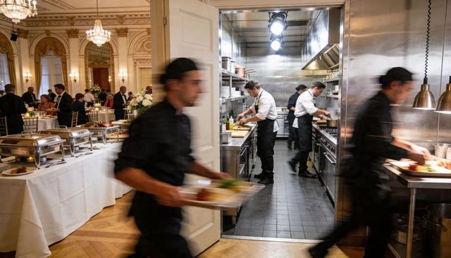 Chefs plating while servers carrying dishes through busy luxury ballroom kitchen buffet banquet