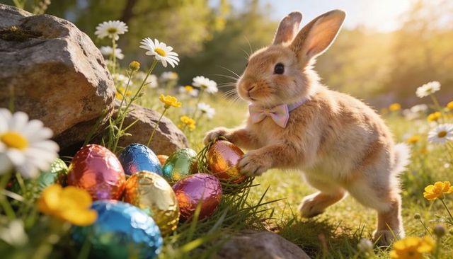 Easter bunny reaching for colorful foil eggs in sunny wildflower meadow