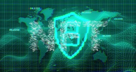 Neon-teal pixel shield projecting over global cyber grid with holographic data mesh