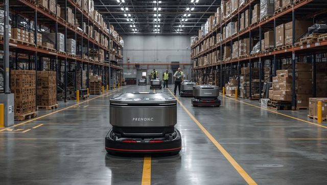 Autonomous mobile robots roaming warehouse aisles while workers supervise logistics