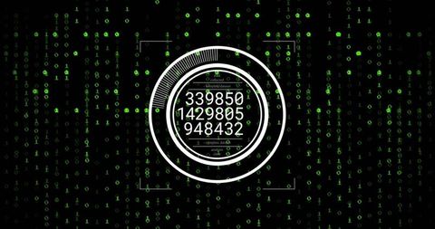 Futuristic circular hud displaying stacked counters over neon green binary matrix