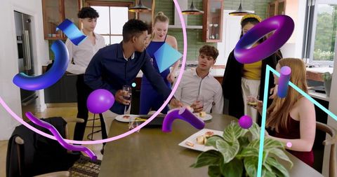 Young adults toasting at modern home dinner party with vibrant purple 3d graphic overlays