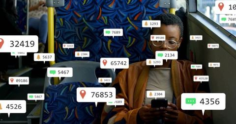 Commuter tapping smartphone on bus surrounded by floating notifications and location tags