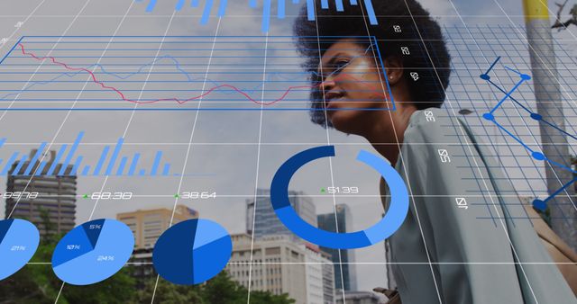 Confident Businesswoman with Data Analytics Overlay in Cityscape - Download Free Stock Images Pikwizard.com