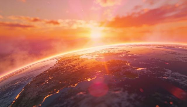 Orbital sunrise over curved earth showing atmospheric glow, city lights, ocean horizon