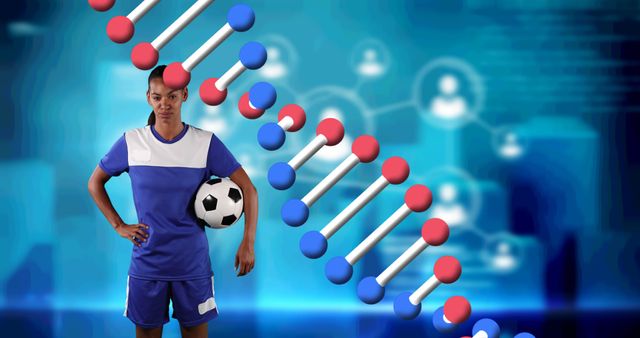 Female athlete holding soccer ball stands next to digital DNA strand on science background. Ideal for illustrating how genetics affect sports performance, scientific studies on genetics and fitness, or cutting-edge sports science technology.