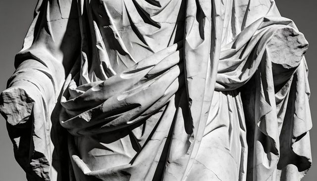 Marble drapery and torso close-up of classical statue, dramatic light and weathered texture