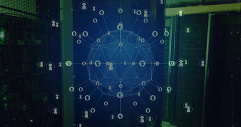 Global Data Transfer Network with AI Chatbot Icons in Server Room
