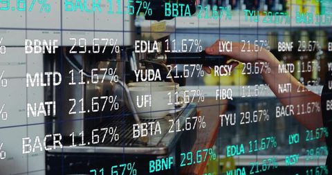 Barista locking portafilter and pulling espresso with stock market ticker overlay