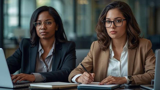 Focused Businesswomen Taking Notes at Work Desk with Laptop