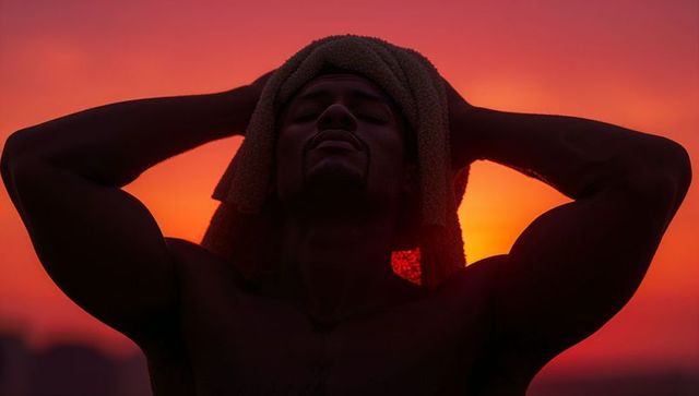 Backlit shirtless man holding towel on rooftop at fiery sunset, contemplative pose