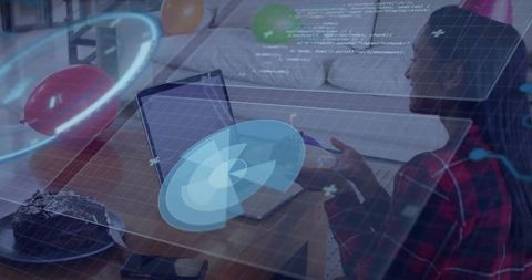 Woman interacting with augmented reality technology at home workspace