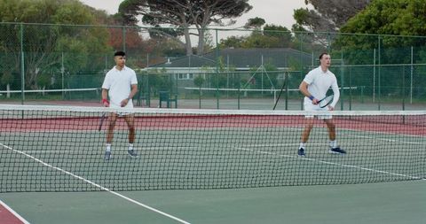 Diverse male tennis teammates standing at net on outdoor court holding rackets in white