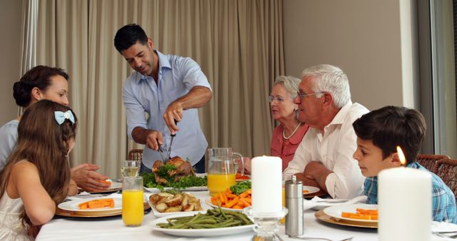 Family having dinner at a well-set table with turkey and vegetables. Ideal for illustrating family gatherings, festive holiday meals, or home-cooked dinners showcasing multi-generational bonding and togetherness.