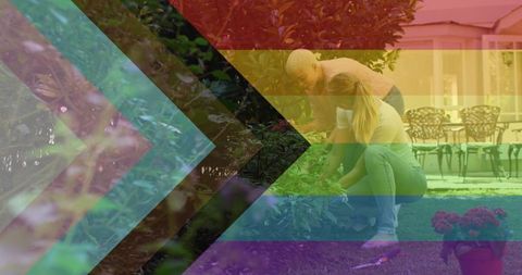 Women gardening on patio with pride progress flag overlay and copy space
