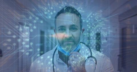 Doctor in hospital corridor with digital tech overlay