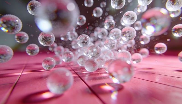 Iridescent glass marbles floating above pink planks scattering bokeh rainbow reflections