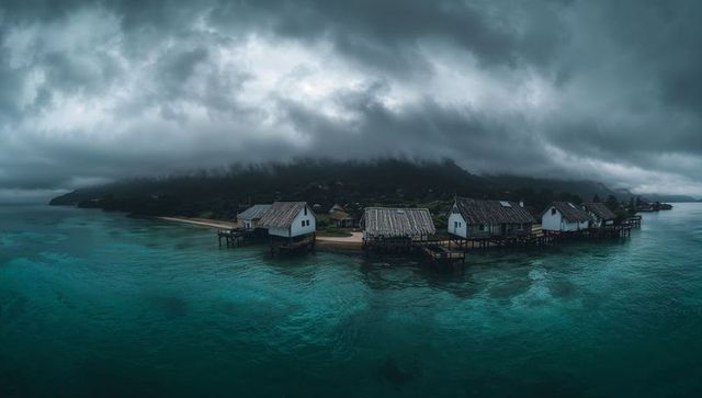 Stormy lagoon stilt houses over turquoise water with metal roofs and wooden piers