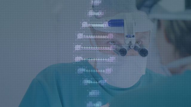 A male surgeon wearing a surgical mask and magnification glasses engages in a medical operation with an illustrated DNA strand overlay. This concept highlights the intersection of advanced medical procedures and genetic technology advancements. Ideal for use in content related to healthcare innovation, biotechnology developments, and surgical technology.