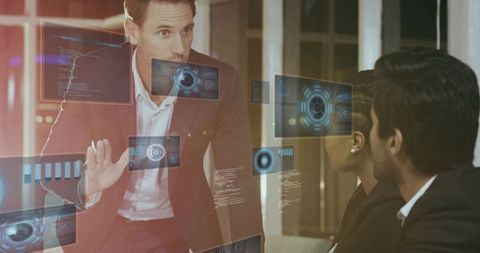 Businessman Presenting Data on Futuristic Holographic Display