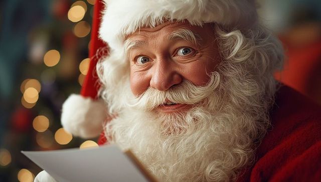 Joyful Santa Claus Reading Letter in Festive Living Room