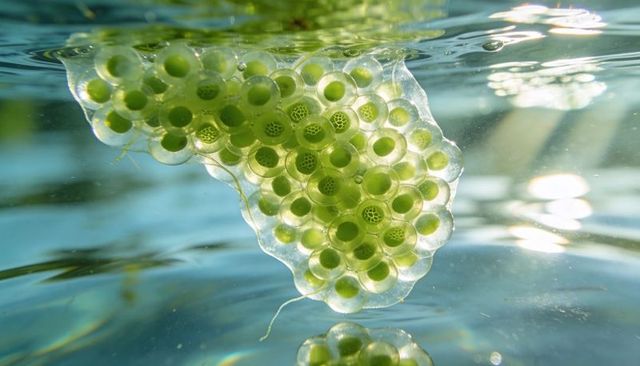 Translucent egg cluster floating in sunlit water revealing patterned green embryos macro
