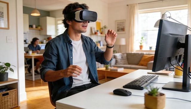 Young man using vr headset in modern home office interacting with virtual workspace