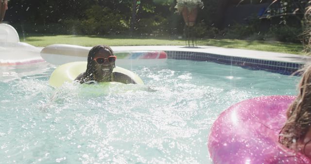 Woman Enjoying Summer Day at Outdoor Pool with Inflatable Float - Download Free Stock Images Pikwizard.com