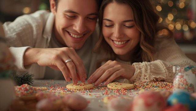 Happy Couple Decorating Cookies with Sprinkles in Festive Kitchen