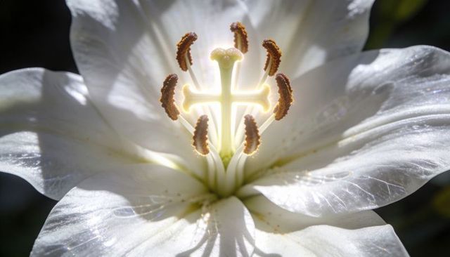 Glowing white lily macro featuring backlit cross-shaped pistil and golden pollen detail