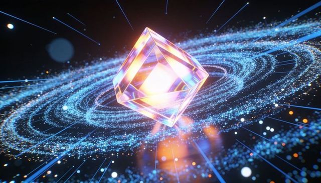 Prismatic crystal cube hovering above glowing particle vortex with neon spiral energy