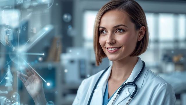 Young female doctor interacting with holographic medical interface in modern clinic