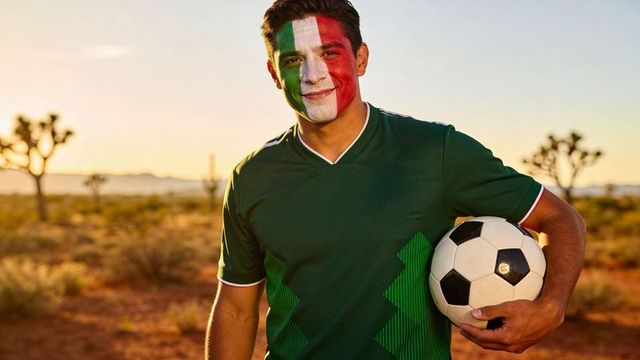 Italian football fan holding soccer ball with face paint wearing green jersey at sunset