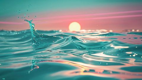 Tranquil Ocean Sunset with Splash and Vibrant Sky Reflection