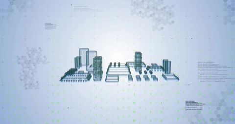 Futuristic modular city blueprint rendering showing 3d wireframe towers, modules, binary grid