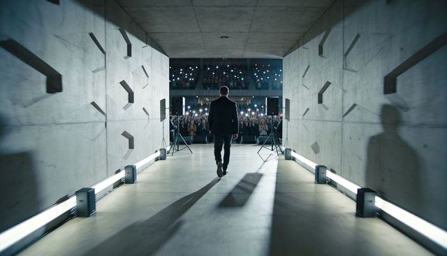 Leader Walking Through Concrete Corridor Toward Crowd with Flashing Smartphone Lights