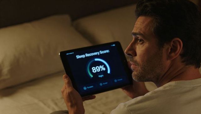 Man Holding Tablet Presenting 89% Sleep Recovery Score on Wellness Dashboard