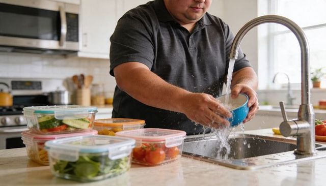 Man washing bowl while preparing meal-prep containers with fresh veggies in modern kitchen