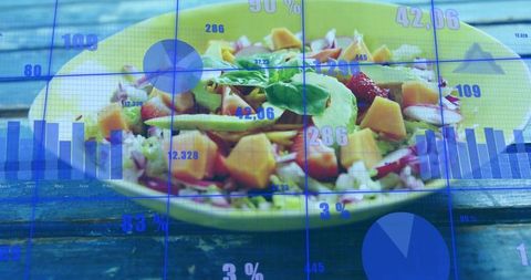 Data-driven healthy eating showing fresh avocado salad with analytics and charts overlay