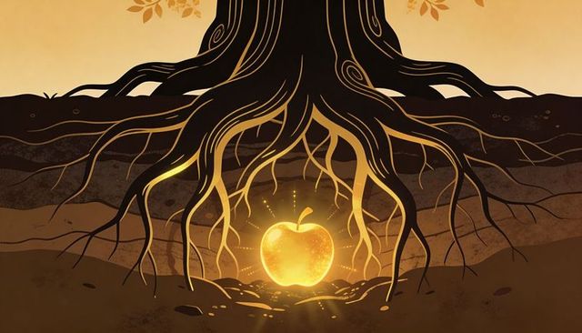 Glowing golden apple resting beneath twisting tree roots