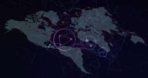 Visualizing Global Network over Stylized Americas Map with Neon Play Button Interface