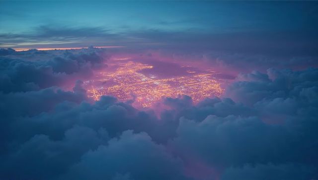 Aerial Cityscape Glowing Through Dense Clouds at Twilight