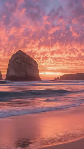 Vertical video showing sun sinking behind sea stack with pink clouds and reflective shore