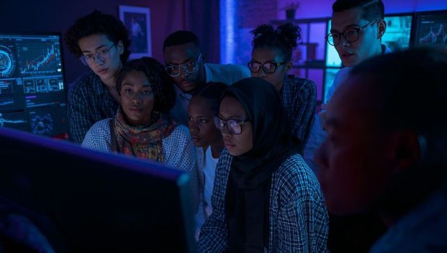 Diverse Team Analyzing Data on Screens in Modern Tech Office